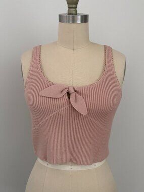 Dress Forum LA Coquette Pink Ribbed Knit Tie Front Tank Top Bow Scalloped Trim L